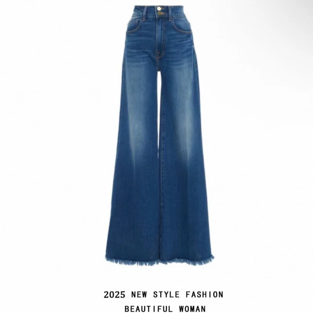 【董洁同款现货】小众设计感高腰阔腿牛仔裤女2025年新款休闲长裤子