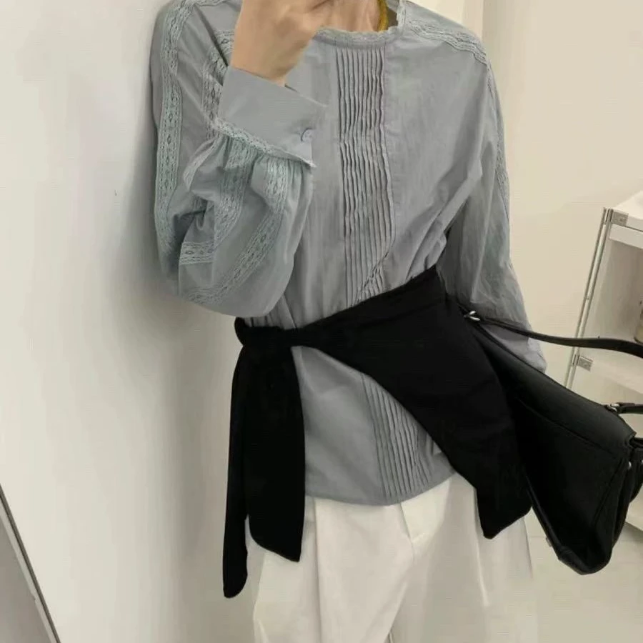 02507海盐少女 蕾丝百褶拼接衬衣