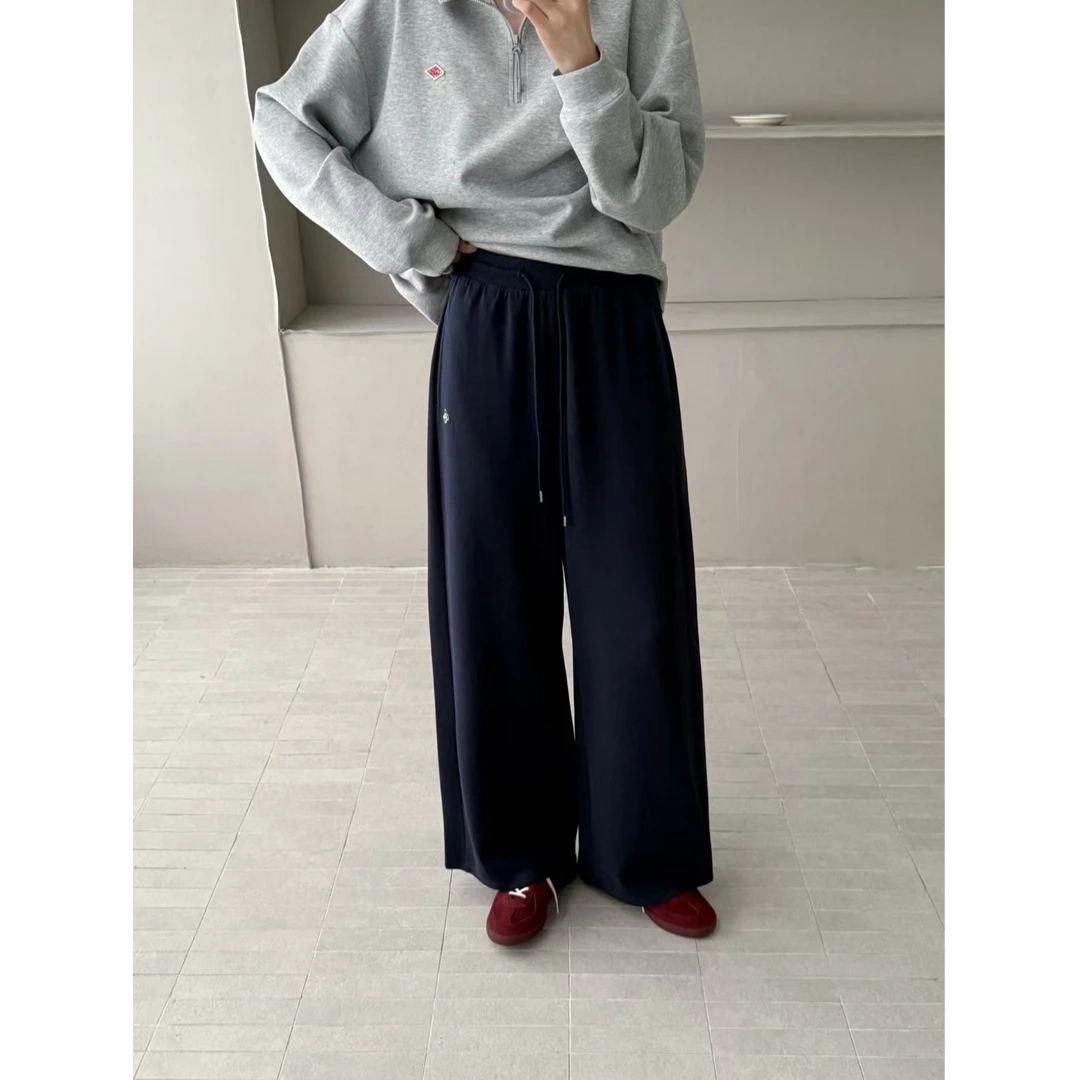 棉弹针织休闲裤秋季新款松紧腰宽松百搭高腰外穿阔腿裤时尚显瘦