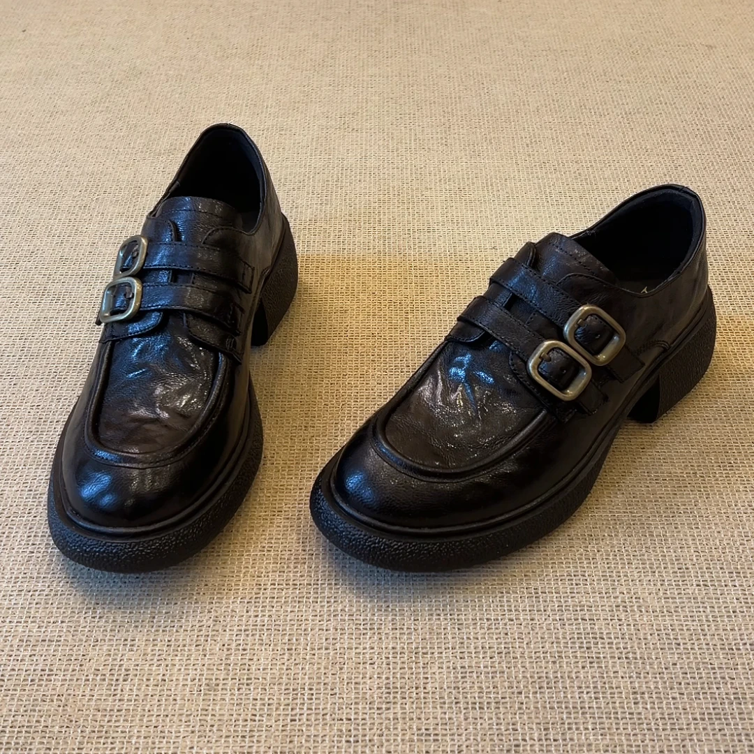 RubyL/5cm简约通勤复古百搭双扣带圆头深口粗跟厚底乐福鞋女款