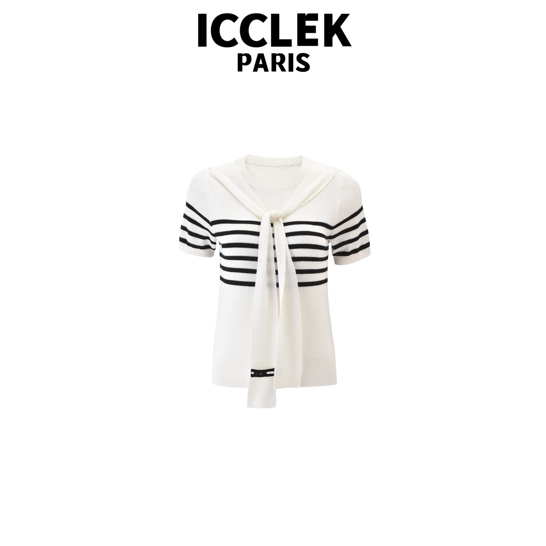 ICCLEK 白色条纹圆领披肩短袖针织衫百搭时尚气质修身显瘦 -5258