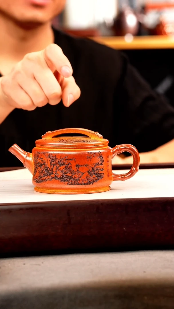 茶壶紫砂火云烧 竹节汉瓦 刻绘
