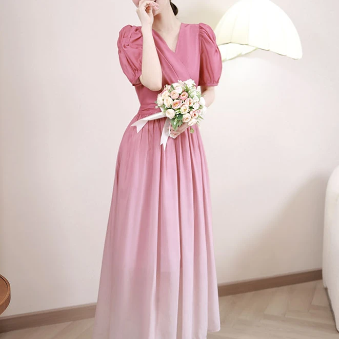 2025夏季新款【1362】气质玫红渐变V领收腰显瘦a字时尚修身连衣裙女