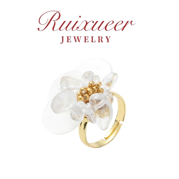 铜合金树脂戒指 ZJ XIYUAN镀k金【玉筑冰金】清新白色花朵戒指R086