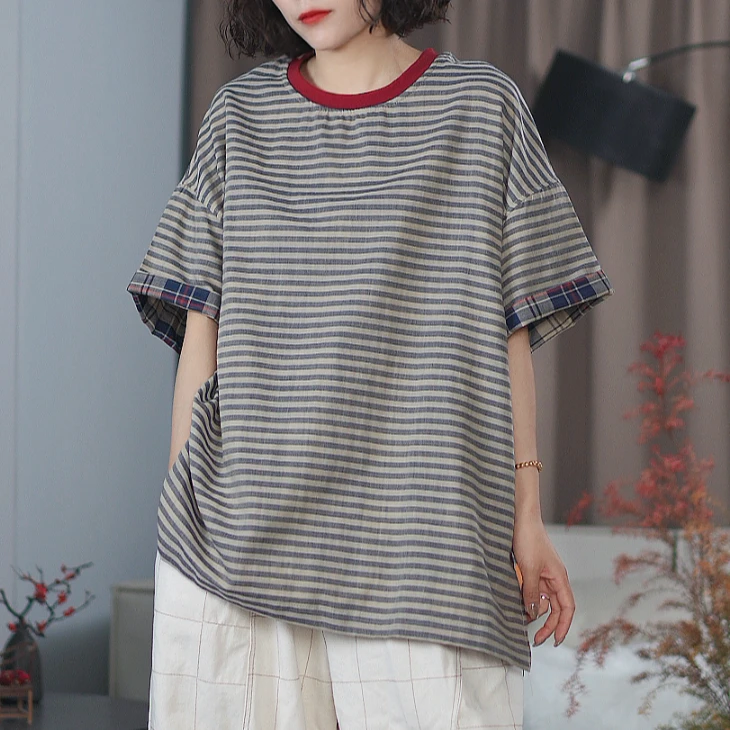 夏季宽松休闲色织条纹中长款T恤女上衣S0058