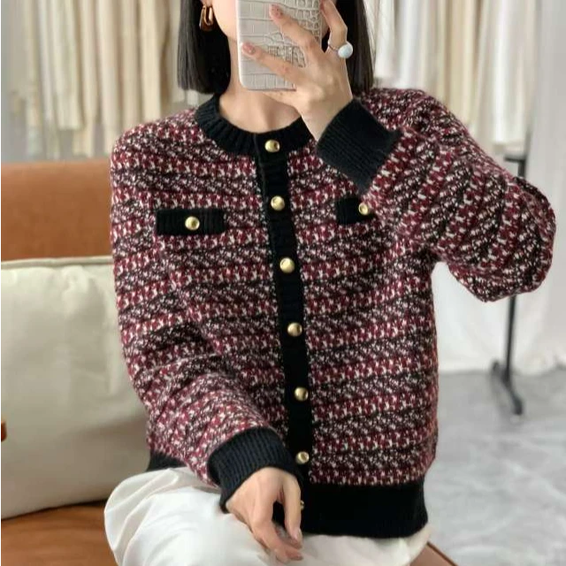 羊毛重工加厚编织花色小香风外套秋冬时尚百搭圆领开衫长袖针织衫