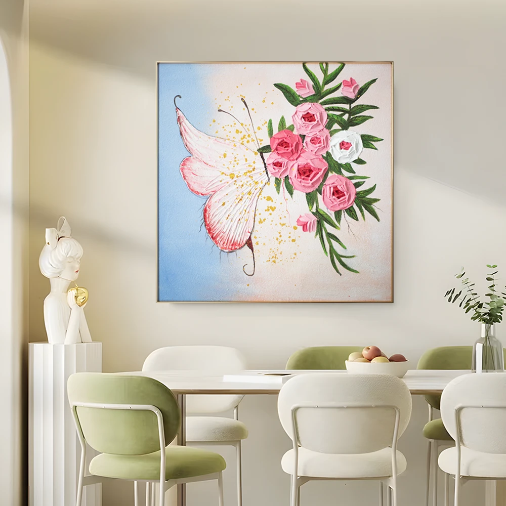 法式浪漫粉色手工油画高级肌理感卧室挂画客厅餐厅装饰画蝴蝶8080