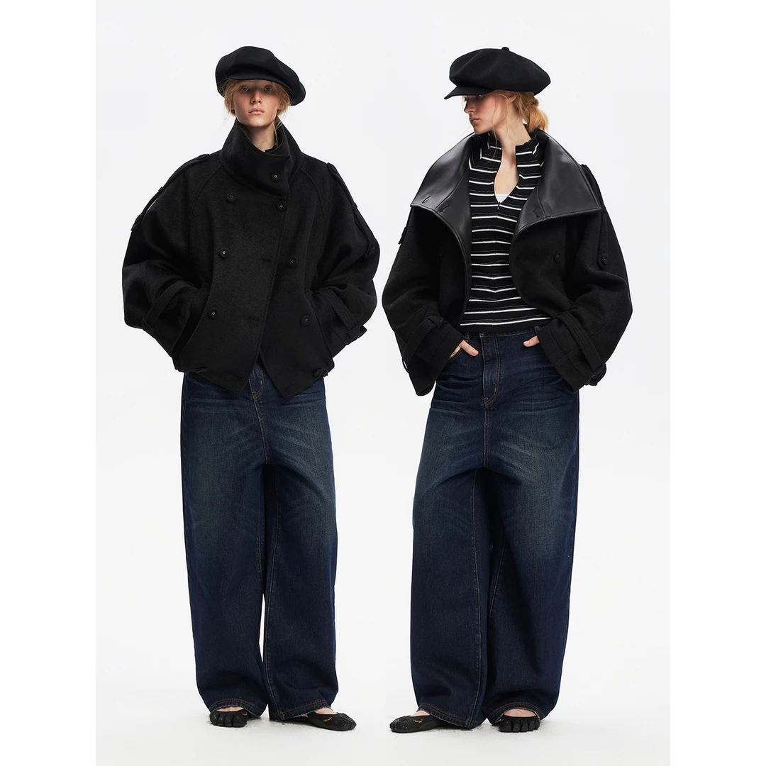 SALTHe盐茶* 蝙蝠袖大翻领羊毛设计感收腰修身毛呢外套女冬季新款