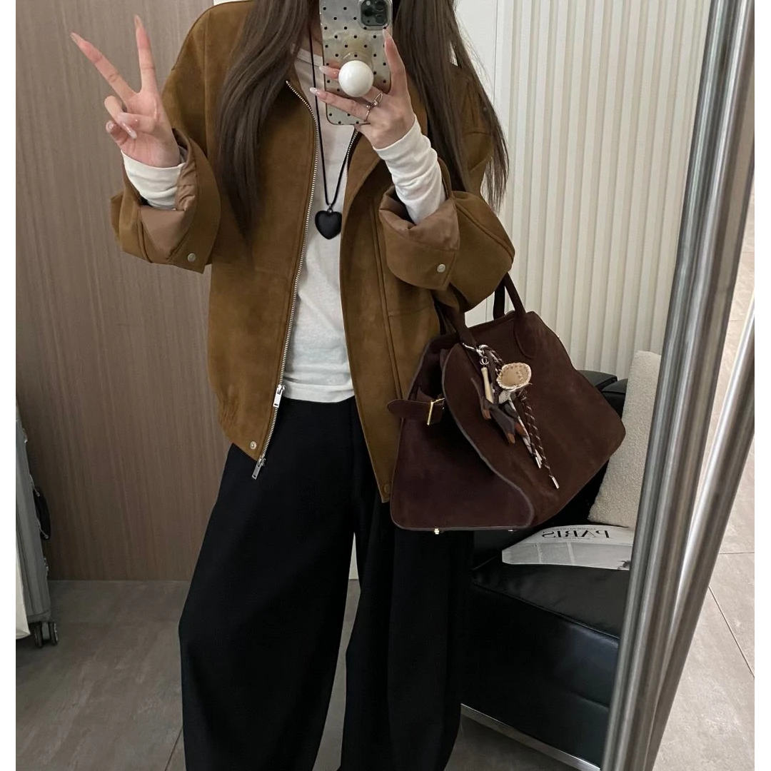 韩式棕色麂皮外套夹克秋季保暖男友风短外套立领复古高质感穿搭