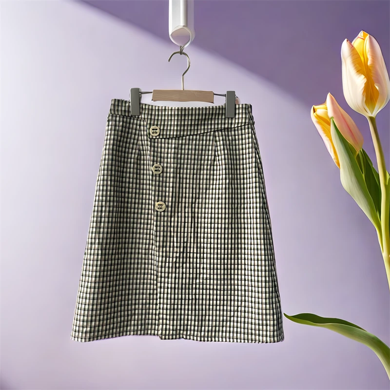 清！拉勾勾剪标显瘦半身裙格纹气质高腰时尚修身短裙半身裙
