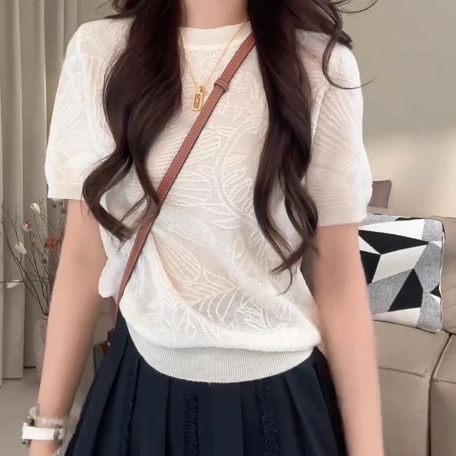 早秋新款时尚百搭气质镂空提花圆领针织衫上衣C5857