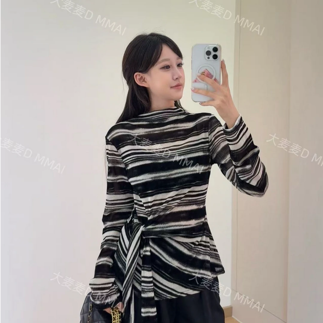 DMM不规则条纹半高领长袖T恤女2025早秋打底衫系带收腰设计感上衣
