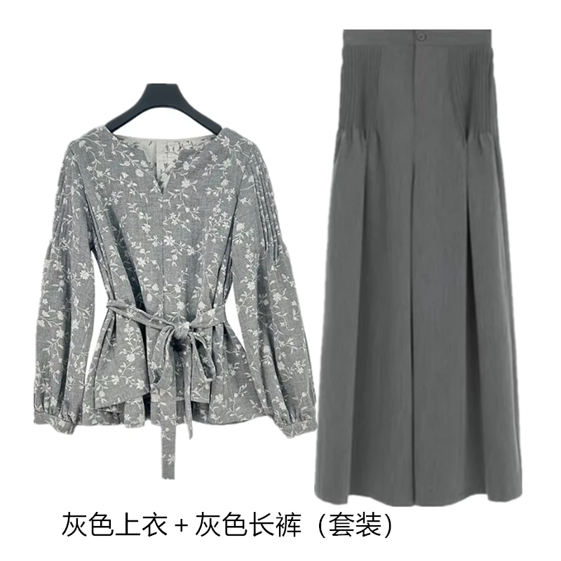 新款V领秋季刺绣印花长袖系带衬衫复古风上衣百搭显瘦阔腿裤套装