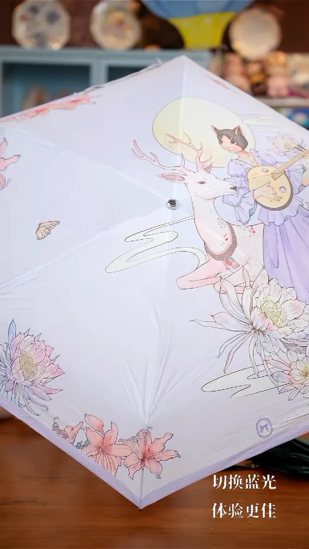 255-Hepburn Cat 赫本猫 新中式白露插画五折碳纤维金胶伞"-紫色