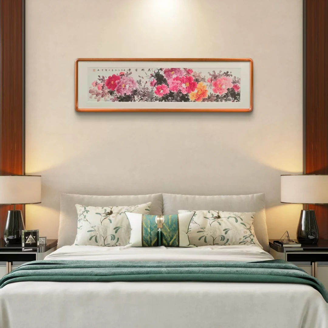 《花开富贵》纯手绘国画花鸟画办公室沙发背景墙挂画带装裱210*80