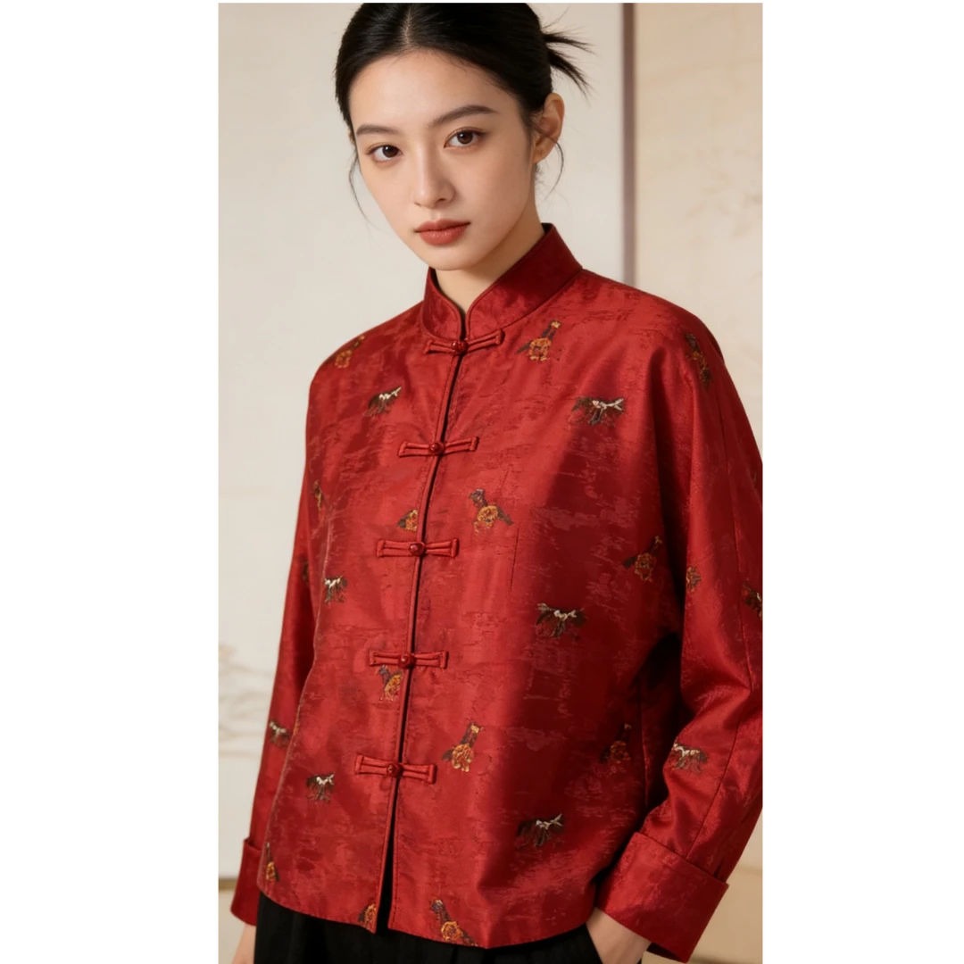 JINSILUO【骏影】厚款上衣女士唐装短款春季提花棉服新中式秋冬女装