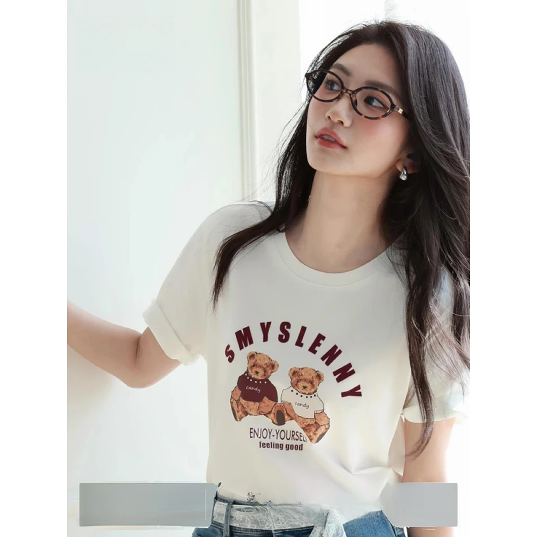 伊芙家纯原索罗娜凉感抑菌复古氛围感小熊印花短袖T恤女2025夏季