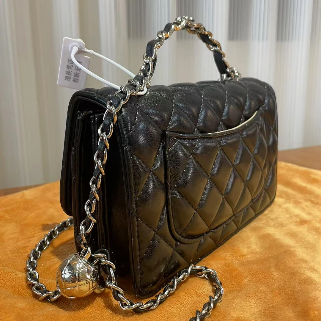 HIRMRIS手工真皮包CX192  琴小菱格链条香黑 银球