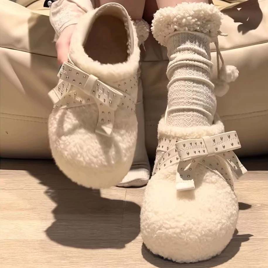 白色复古加绒加厚厚底毛毛鞋女2025新款冬外穿保暖两穿勃肯棉鞋子