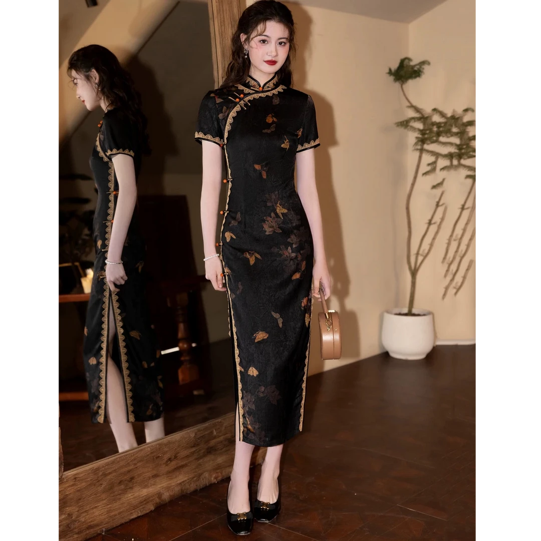 C年轻原创黑色高档旗袍2025春季新款新中式日常旗袍