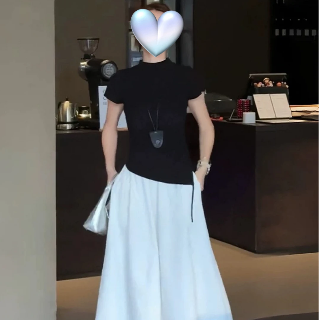 夏季轻熟穿搭一整套半高领设计感短袖上衣高腰半身裙时尚气质套装