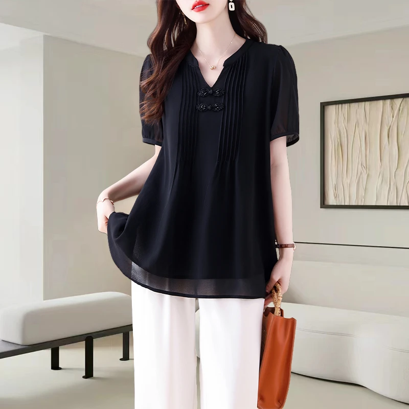 新中式雪纺衫女士2025夏季新款时尚减龄宽松遮肉显瘦V领短袖上衣