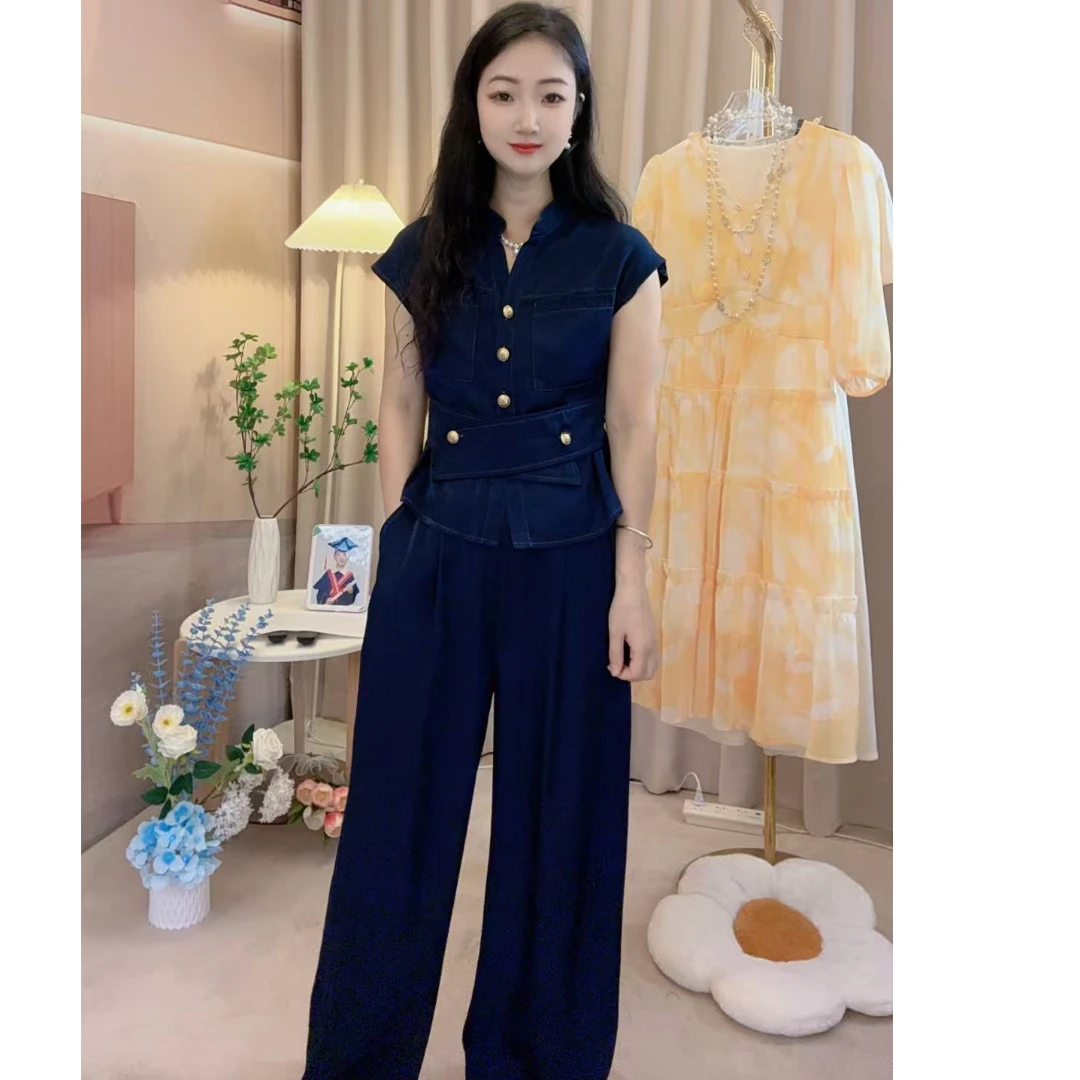 【米兰】【两件套】夏季2025新款气质时尚高腰阔腿裤D2129