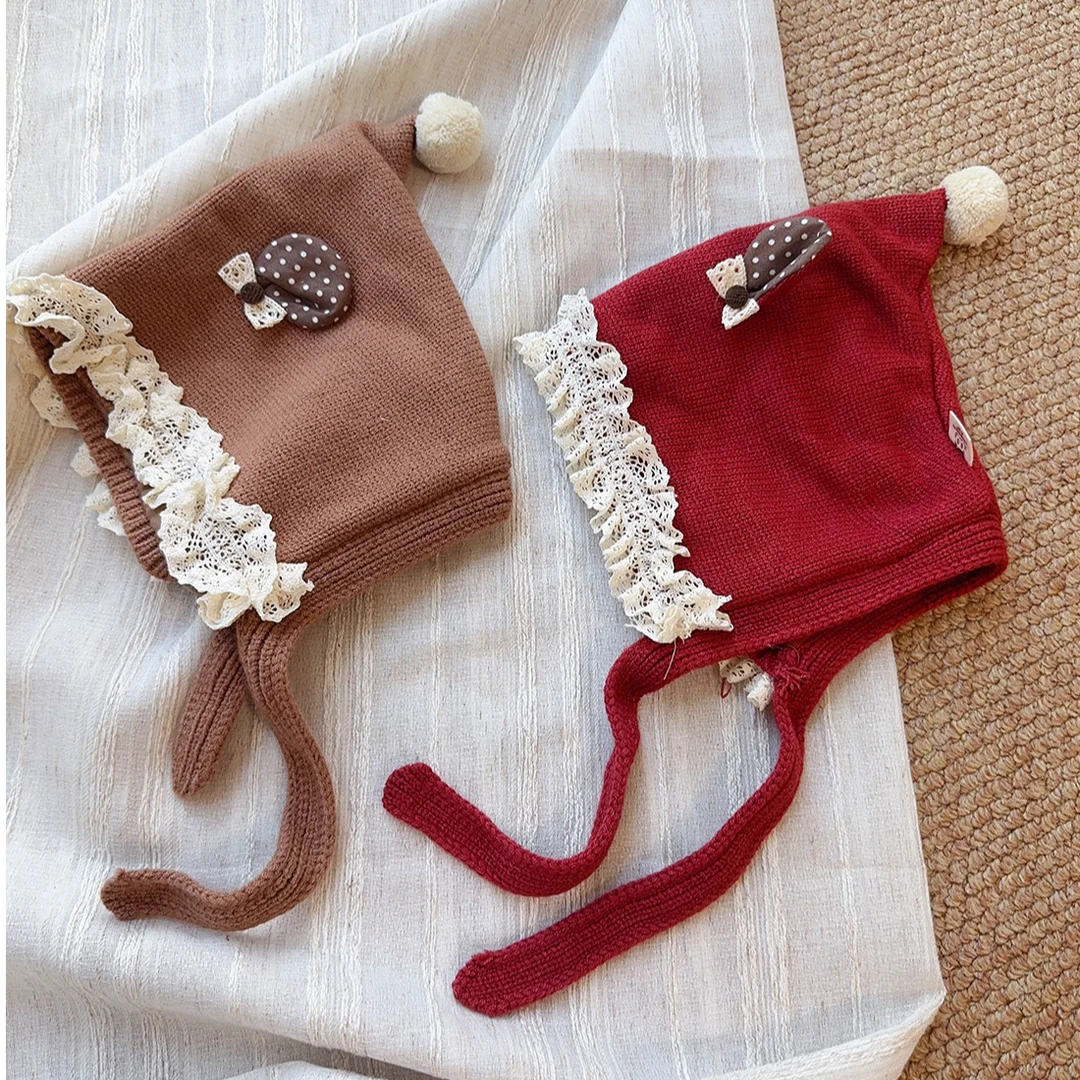 女童花边精灵帽秋冬季针织毛球花边尖尖小女孩毛线帽1-2岁宝宝帽