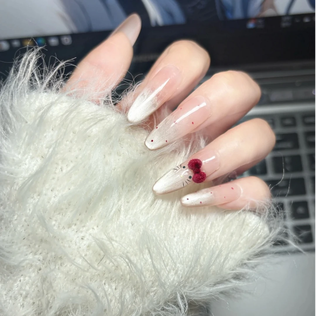 【丝绒Kitty】温柔风轻奢可爱显白纯手工穿戴式穿戴甲猫眼法式夏季