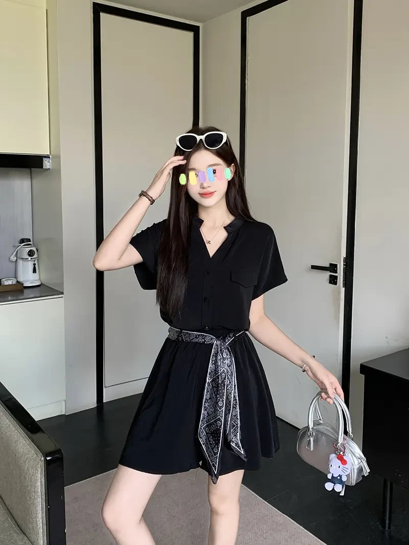 2025夏装新款胖mm大码女装气质时尚v领短袖小衫飘带高腰短裤套装