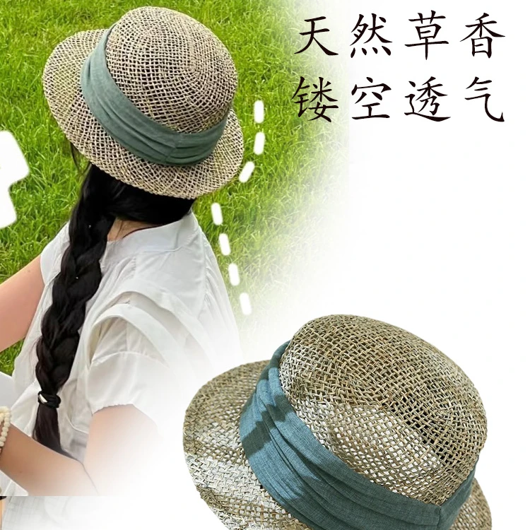 天然咸水草手工编织平顶草帽女百搭复古英伦风咸草帽小礼帽镂空帽