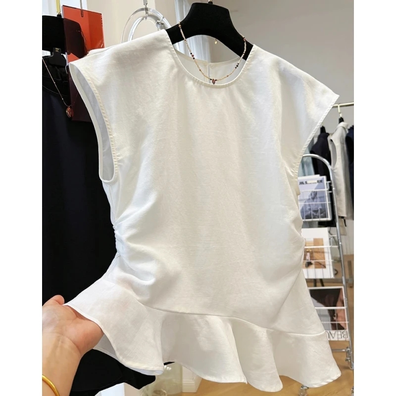 不规则荷叶边修身无袖小衫女夏季天丝亚麻超好看上衣外穿马甲背心