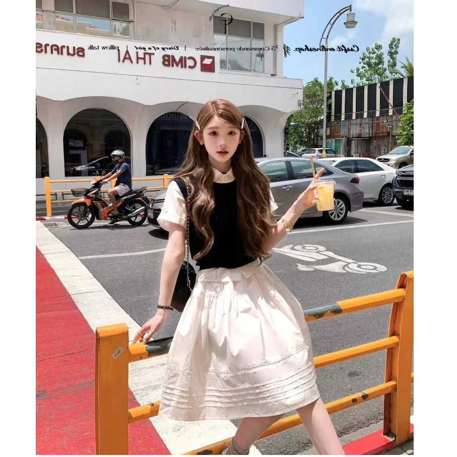 【氧系学妹】 miu系修身衬衫上衣显瘦半身裙撞色针织马甲三件套套装