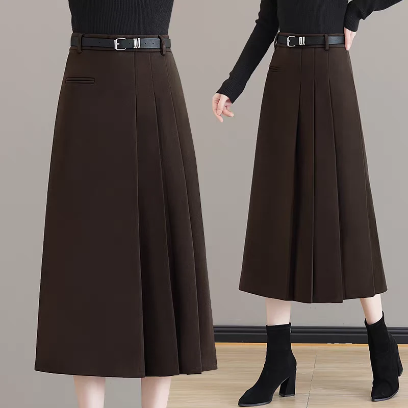 中长款毛呢半身裙女2025秋冬款高腰显瘦包臀裙韩版修身百褶A字裙