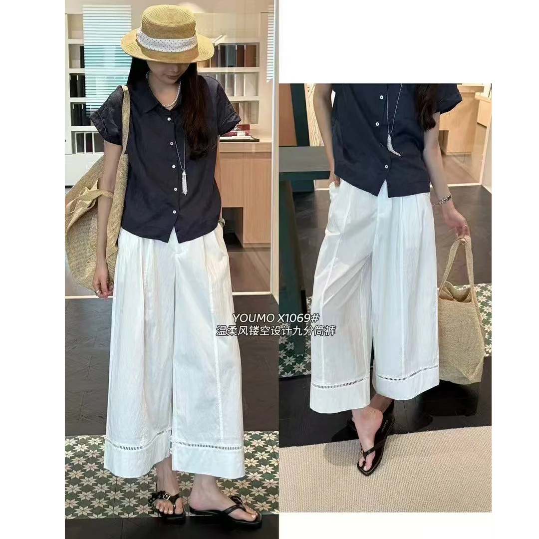 王永家~夏款镂空裤脚边直筒九分阔腿裤25100