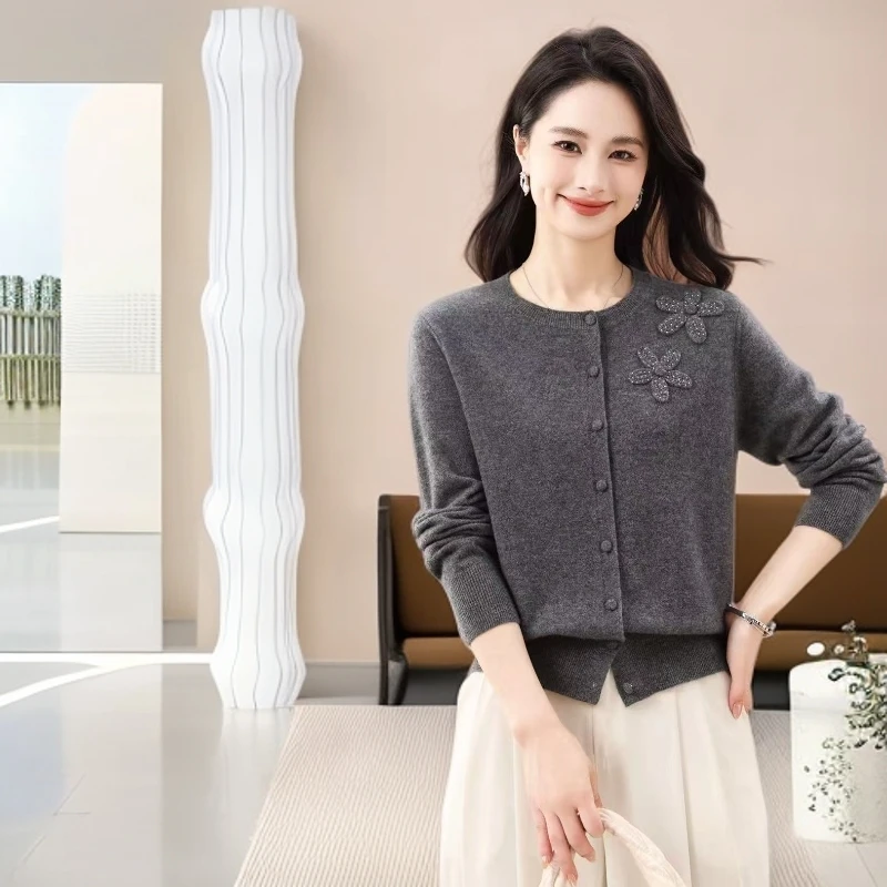 【高档手工钩花】加厚纯羊毛（2508）长袖针织女士圆领秋冬春秋气质