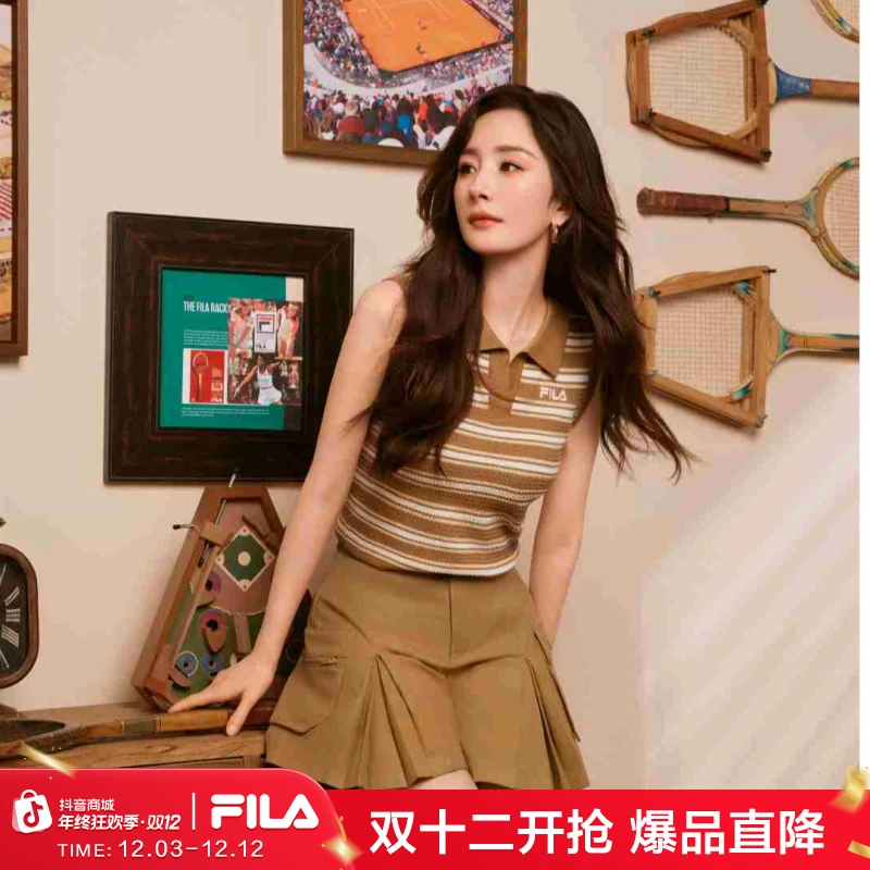 FILA斐乐杨幂同款针织短袖POLO衫2025女新款复古简约翻领无袖上衣