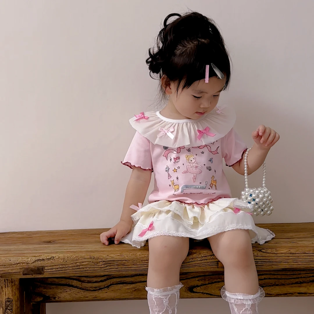 女童套装夏季2025新款甜美儿童娃娃领短袖t恤印花T小女孩蛋糕短裙