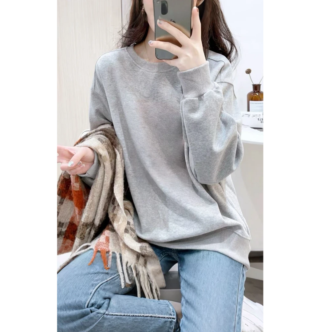 灰色圆领卫衣女秋冬欧货设计感纯色减龄宽松休闲百搭显瘦外搭上衣