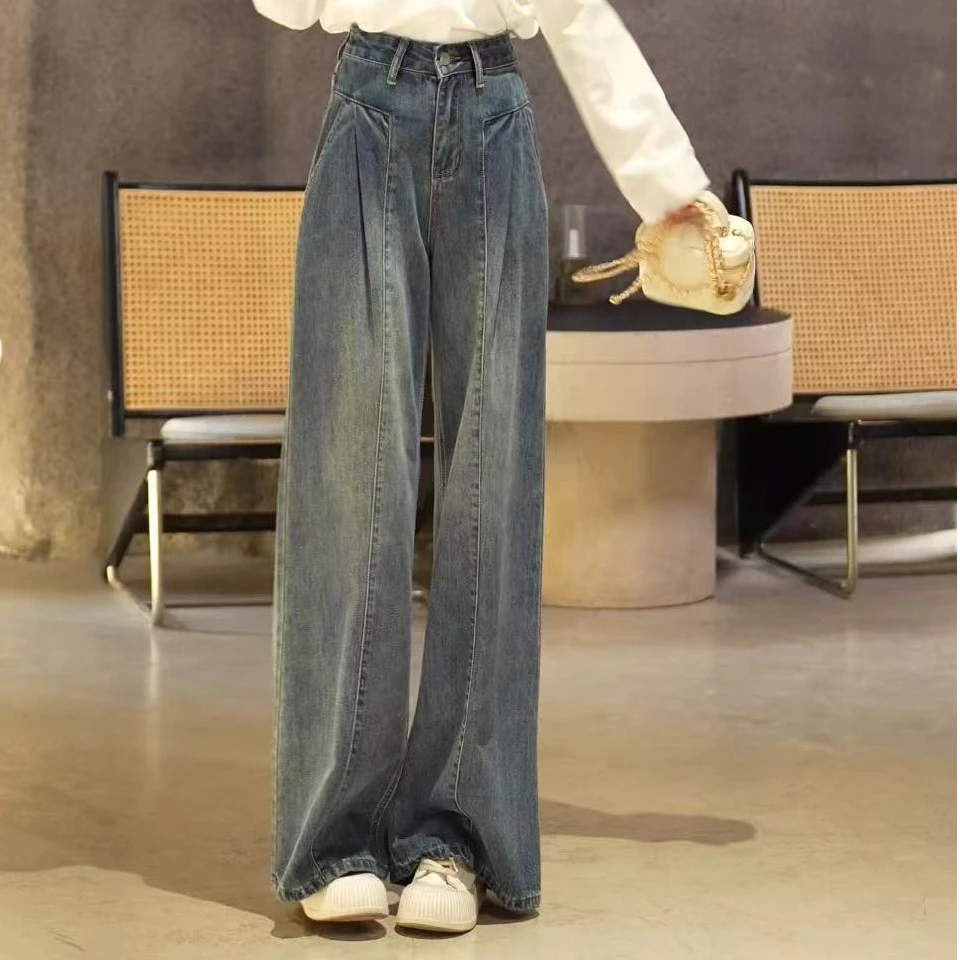 7300 G春季新款复古休闲阔腿高腰显瘦垂感百搭直筒裤牛仔裤女