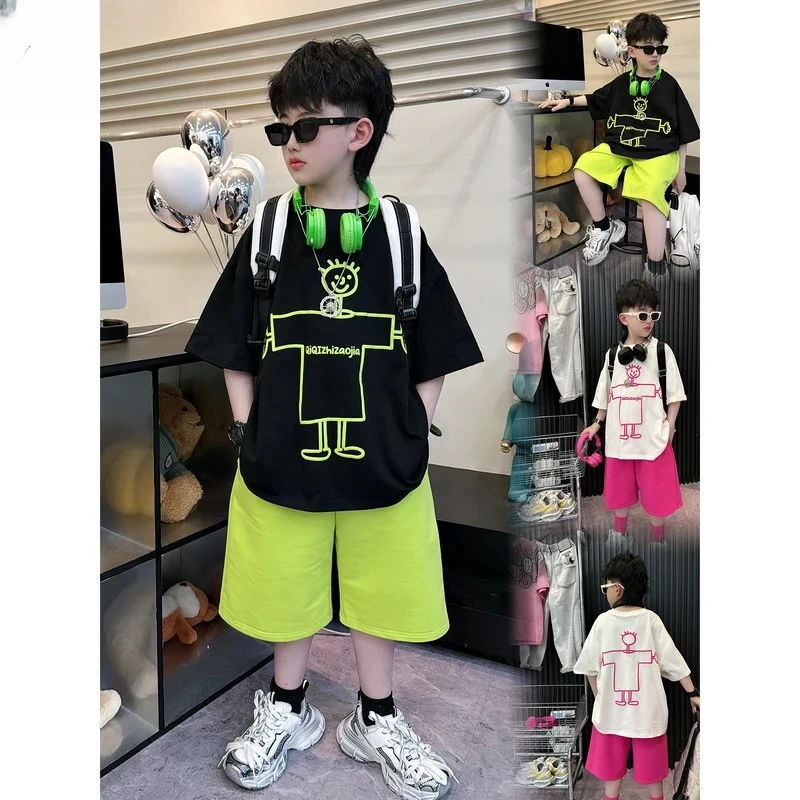 2025新款【大板】夏季卡通儿童黑绿/米粉大板T韩版时尚印花纯棉短袖