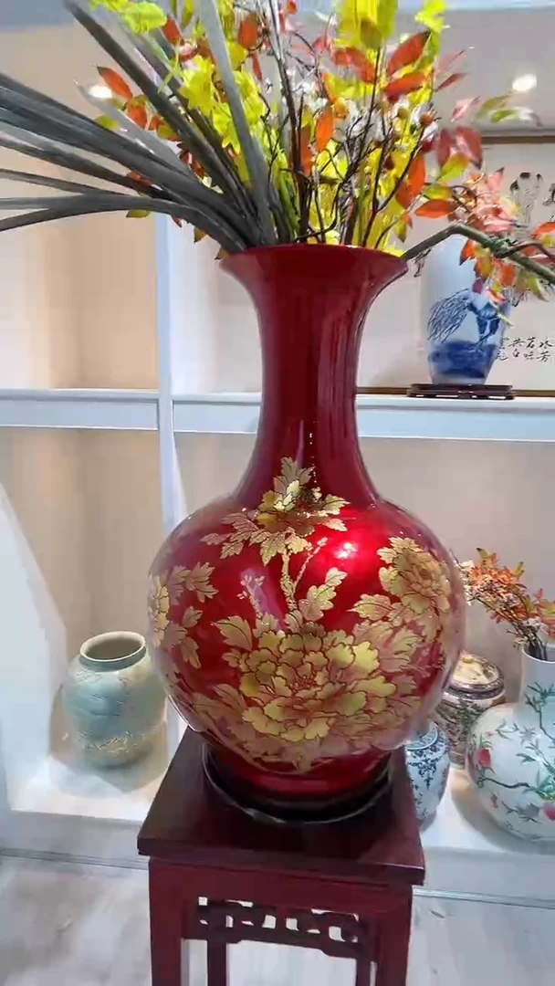 摆件那****）高约56大红牡丹瓶