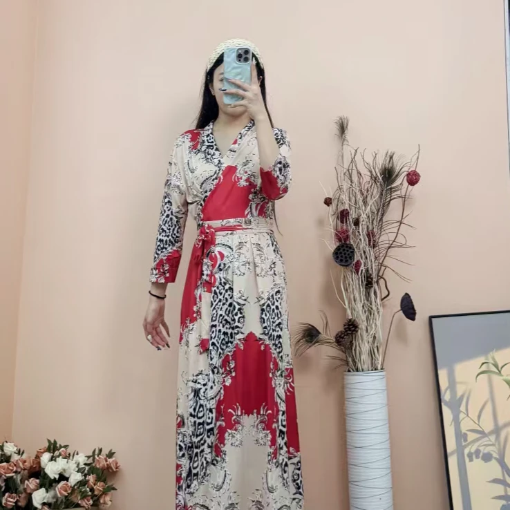 [依易原创]气质轻奢名媛风拼色印花一片式收腰绑带连衣裙A1119