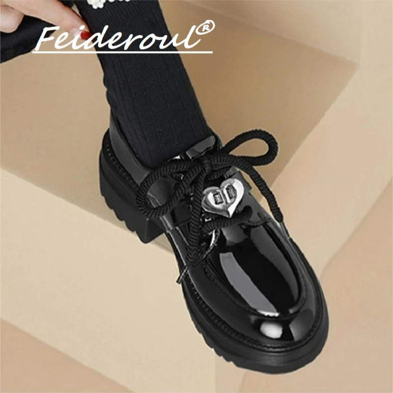 Feideroul小皮鞋英伦风2025新款黑色系带软底单鞋厚底增高乐福鞋