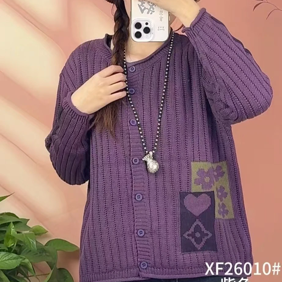 【菲潮】韩版时尚休闲棉提花针织宽松毛衣外套宽松百搭复古减领上衣