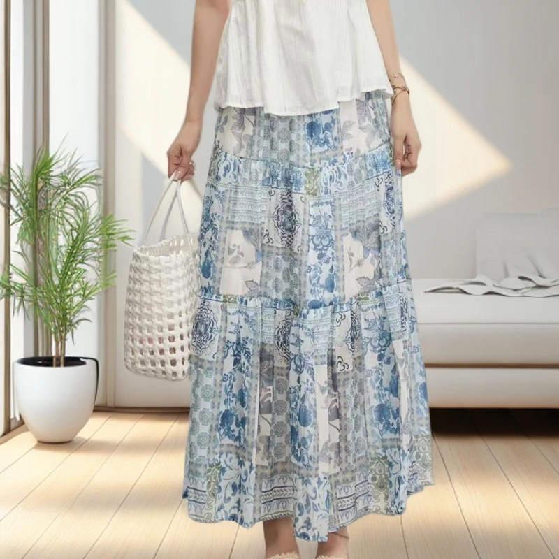 1735度假风亮丝纱碎花半身裙女夏季松紧腰垂感气质百搭裙子