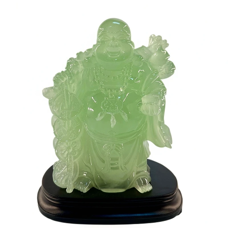 大肚笑弥勒佛带底座玄关摆件玉石色玄关摆设桌面摆件 17*22*11cm