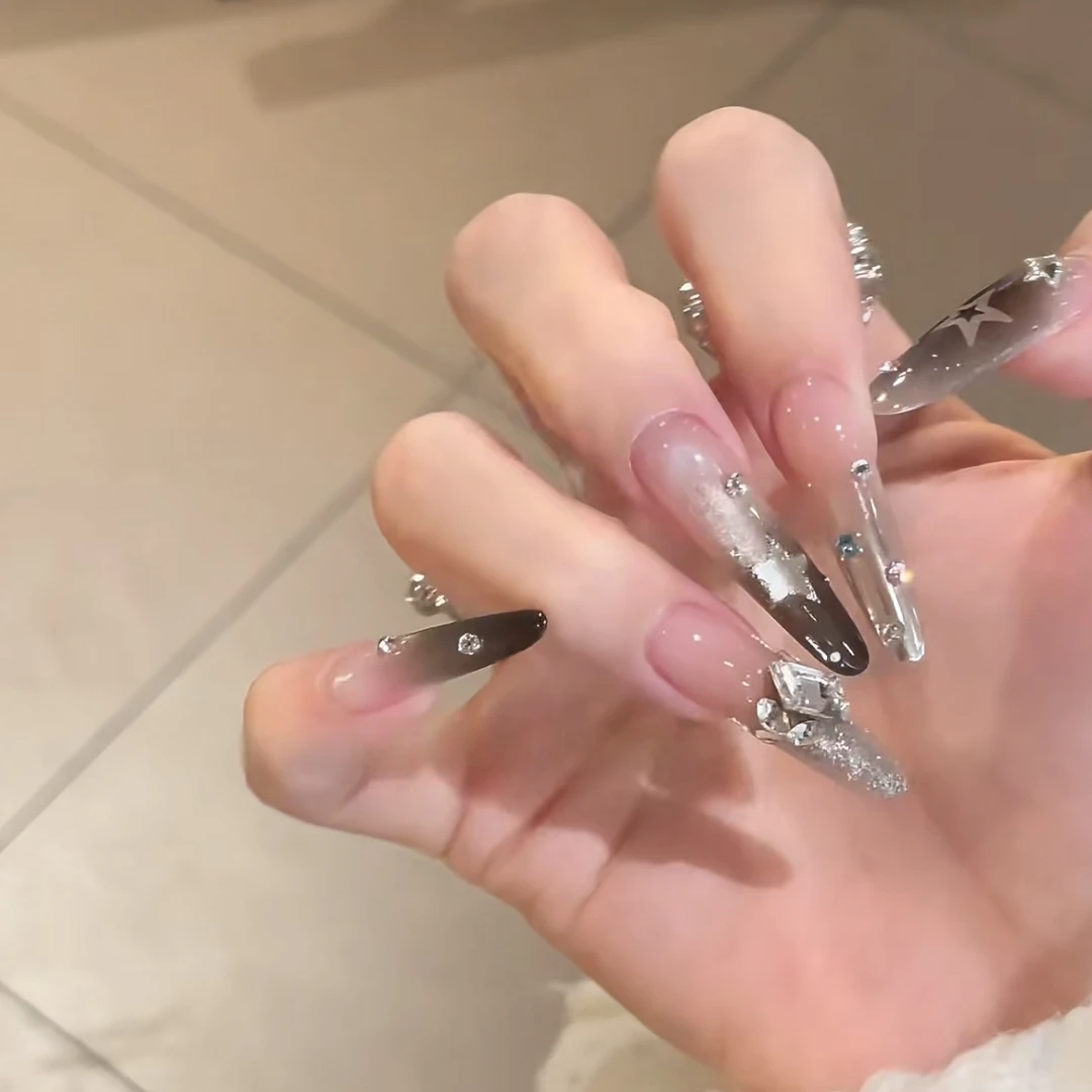 【银河指尖】黑色爆闪气质千金法式纯手工穿戴甲长款酷酷风美甲贴片