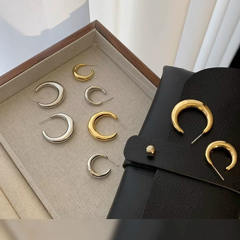 合金耳饰 时髦通勤-气质光面金属圈圈耳钉女高级感方圆脸耳饰耳环