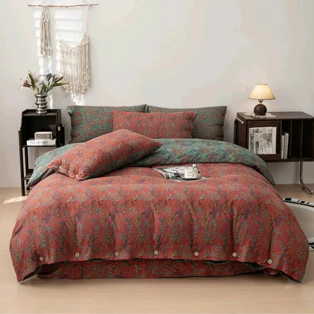 2025轻奢多功能双面复古加厚印花双层纱四件套--花花世界【加大】